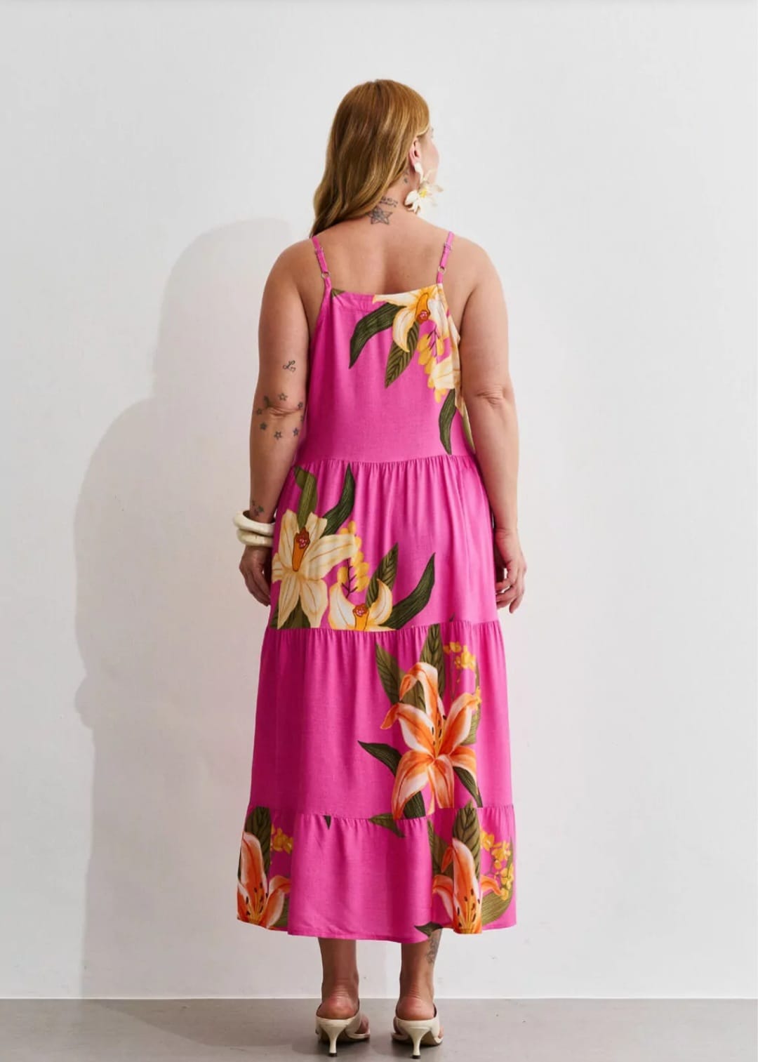 Vestido em viscose rosa estampado