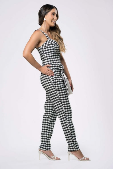 Conjunto de calça e cropped xadrez em alfaiataria - M
