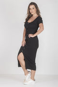 Vestido midi preto em malha canelada