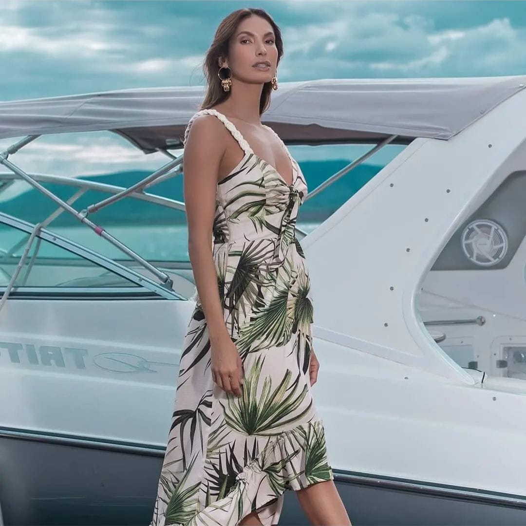 Vestido em viscose estampada em verde - M