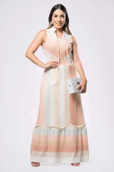 Vestido listrado com fios dourados - M