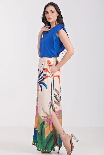 Conjunto de saia estampada e blusa azul - P