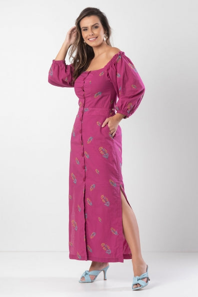 Vestido rosa em viscose bordada - G