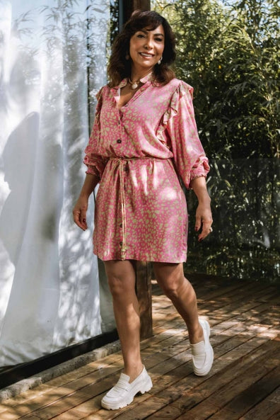 Vestido animal print rosa e lima - M
