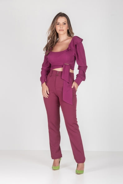 Calça e cropped em alfaiataria vinho - P