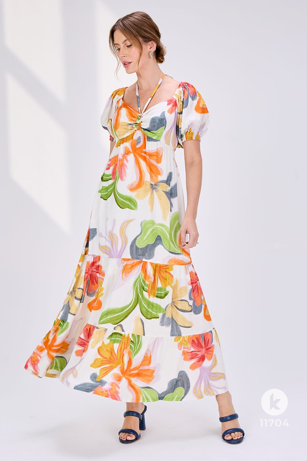 Vestido estampado com mangas com elástico