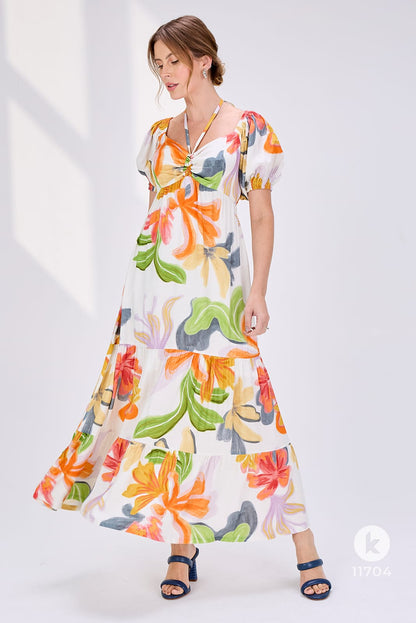Vestido estampado com mangas com elástico