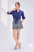 Conjunto de bermuda estampada e blusa azul - G