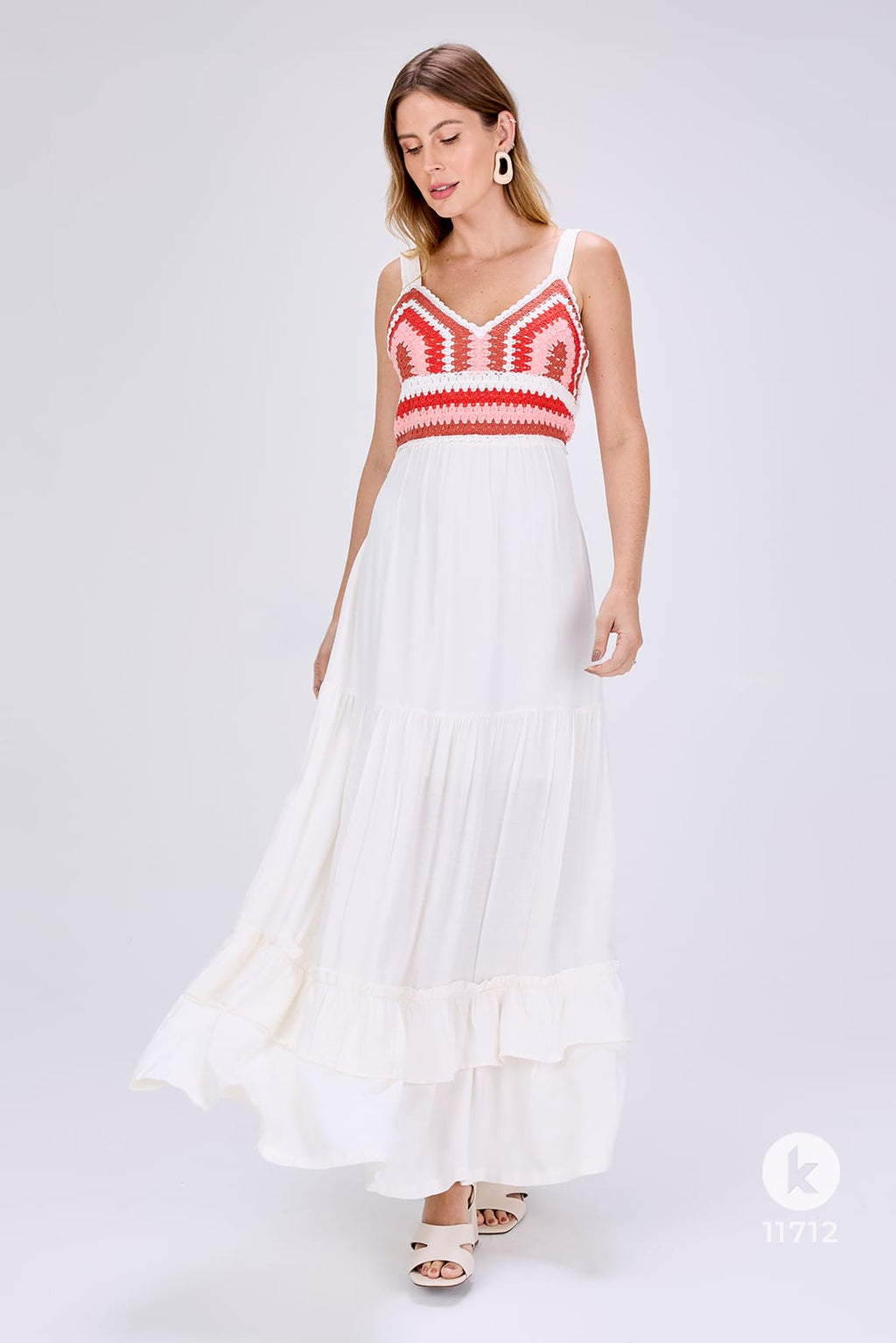 Vestido nude com crochê vermelho - P