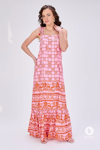 Vestido estampado de rosa e ferrugem em viscose