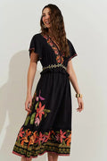 Vestido midi estampa localizada preto em viscose - 40