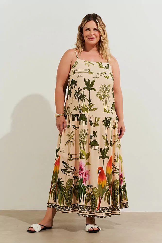 Vestido longo de alças estampa de aldeia verde em viscose - 44