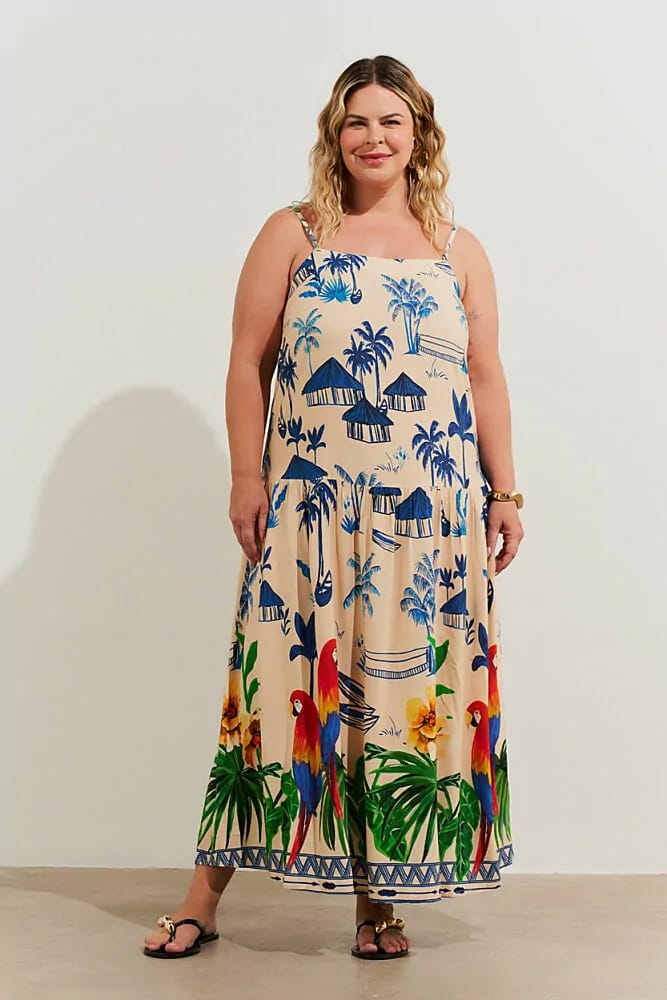 Vestido longo de alças estampa adeia azul em viscose - 44