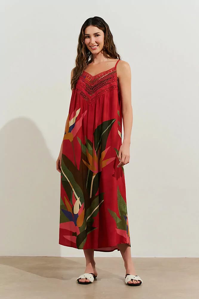 Vestido longo estampado vermelho com aplicação em renda - 40