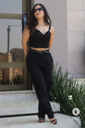 Conjunto de calça e cropped em linho preto - G