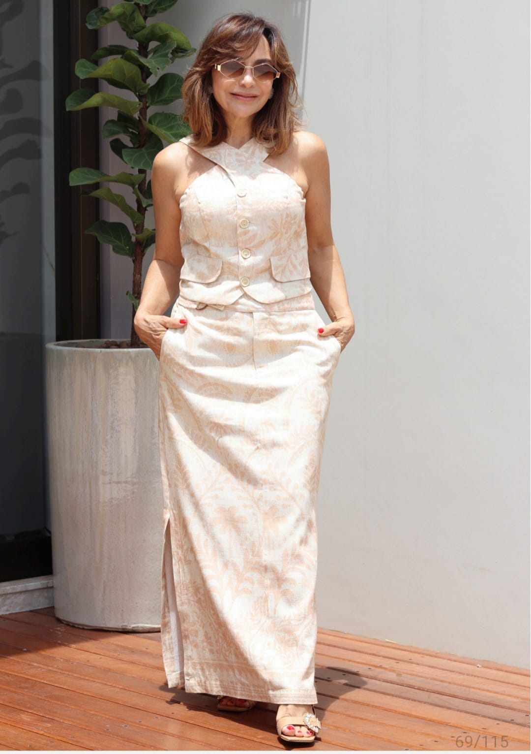 Conjunto de saia lápis e cropped em linho estampado - GG