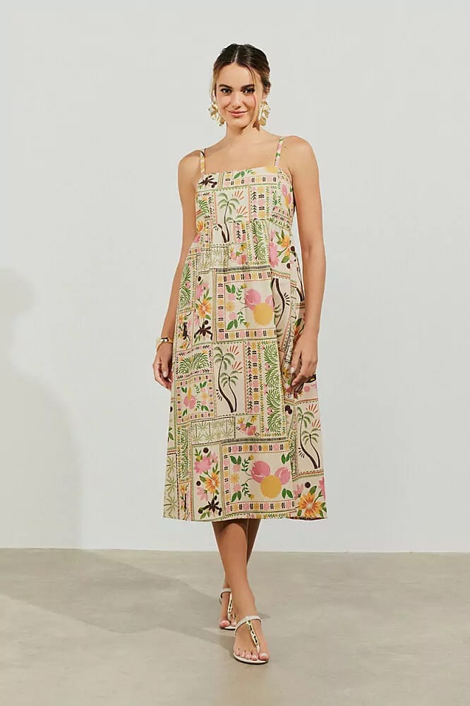 Vestido nude estampado com alças - 42