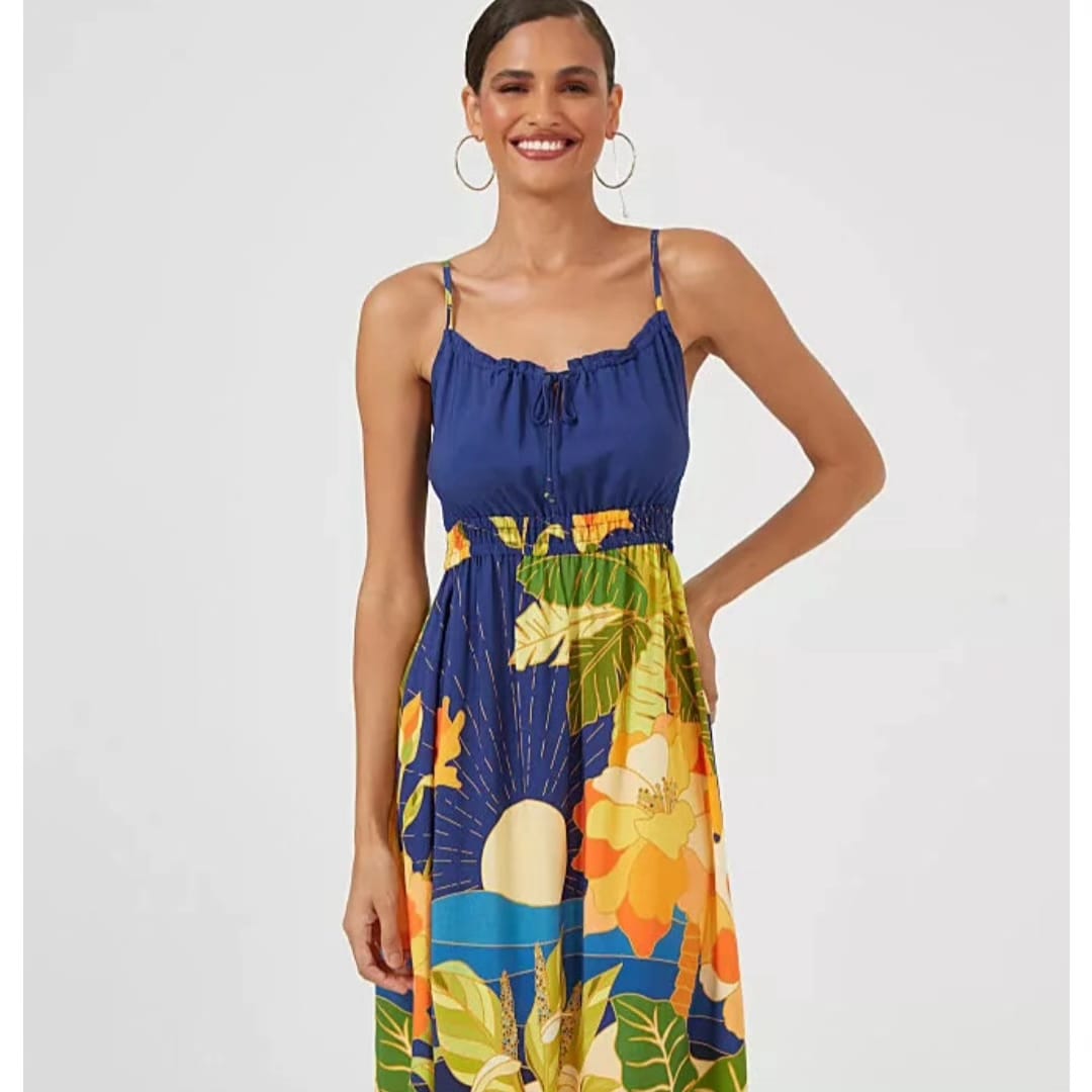Vestido azul em viscose estampada - 38