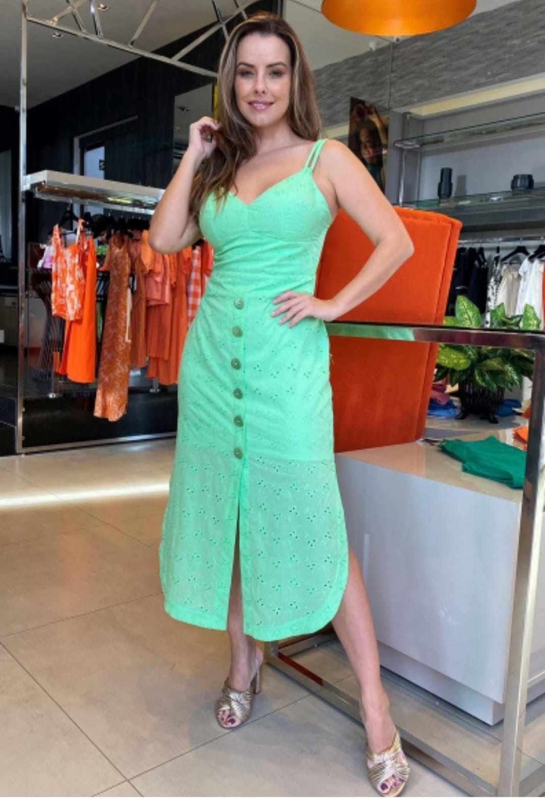 Vestido verde em laise com alças duplas - P