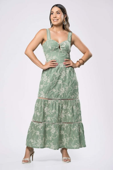 Vestido  verde bordado de alças - M