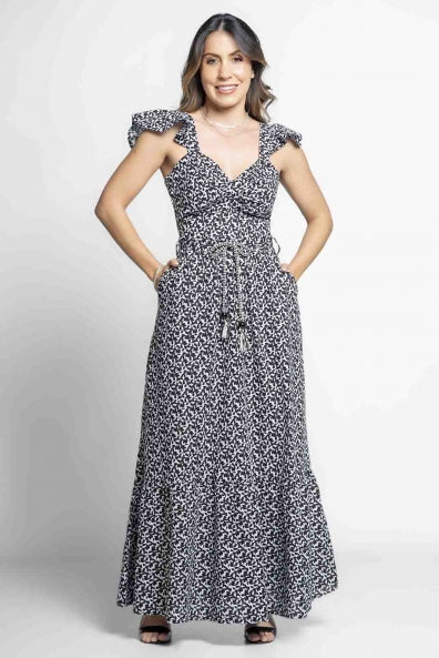 Vestido estampado preto e branco - G