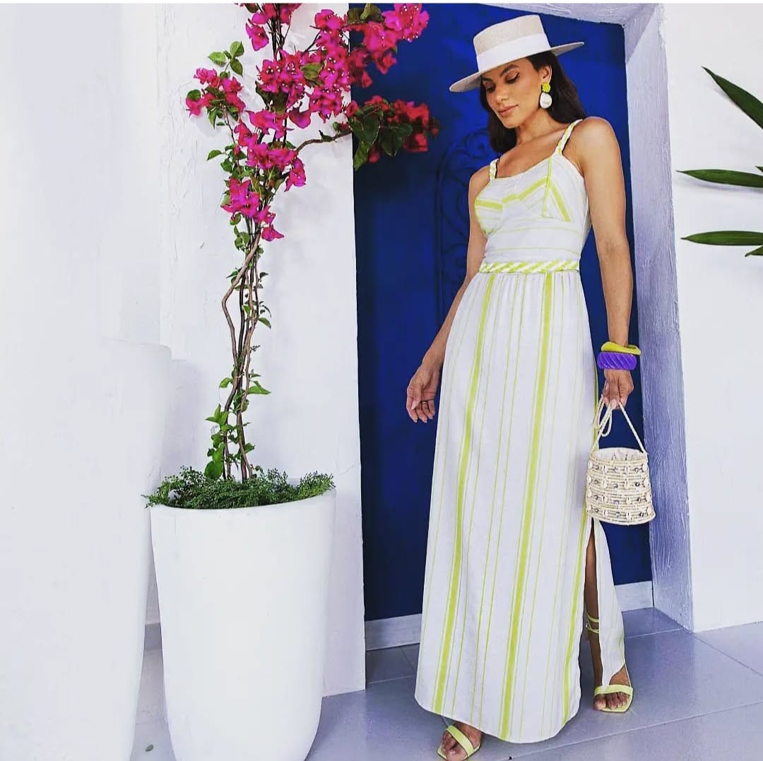 Vestido nude listrado em verde - 44