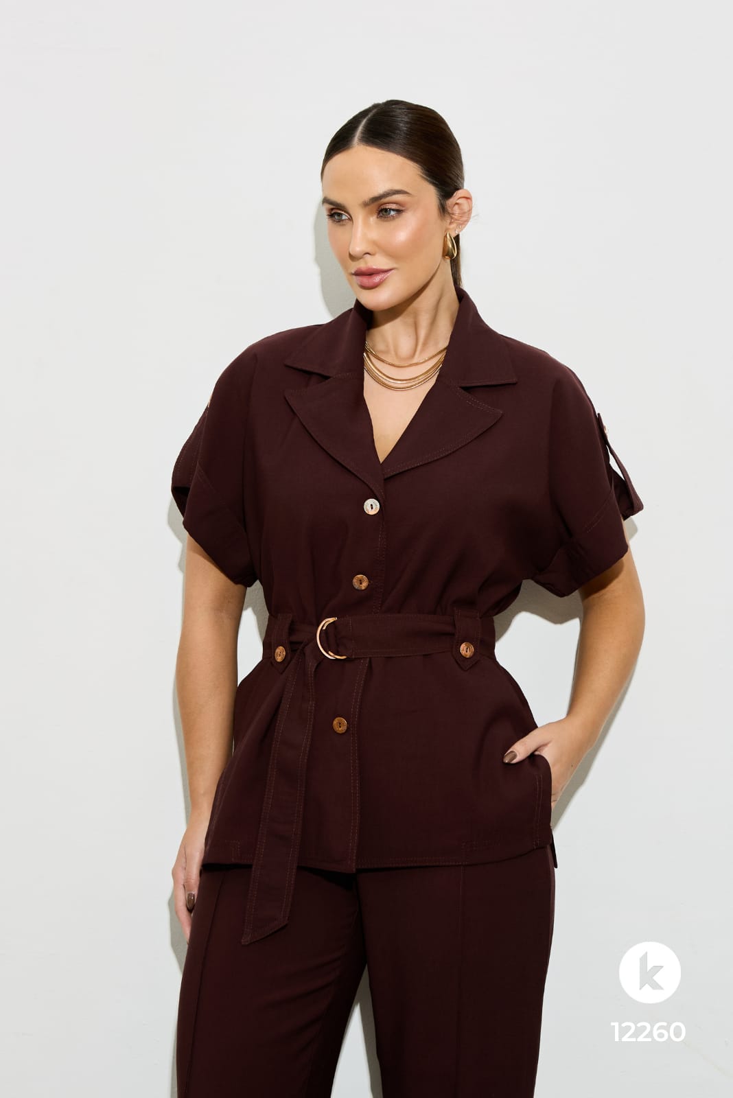 Conjunto de calça e blusa em linho marrom - GG