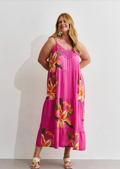 Vestido em viscose rosa estampado
