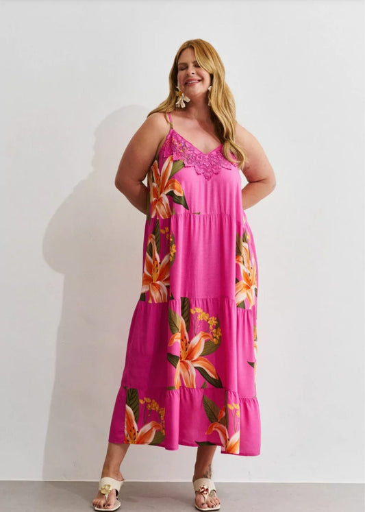 Vestido em viscose rosa estampado