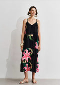 Vestido preto estampado com alças finas