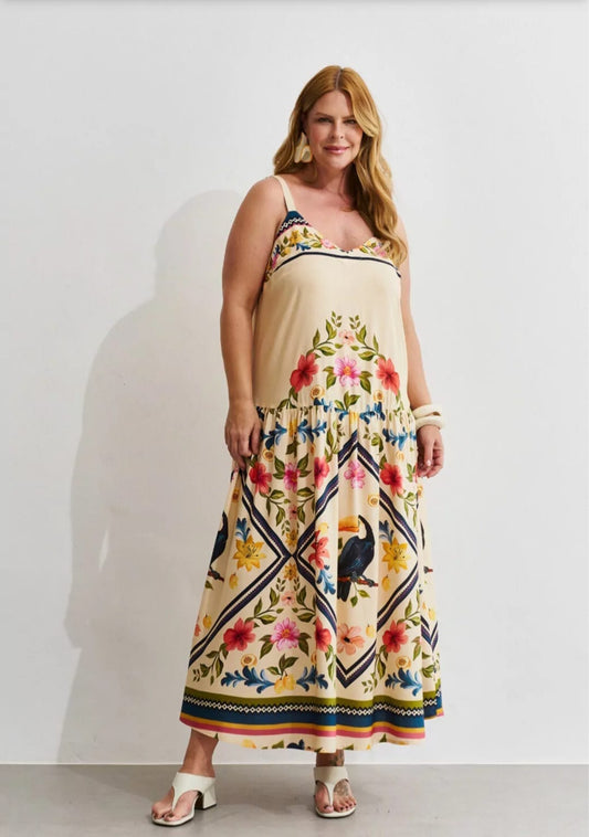 Vestido amarelo estampado cintura baixa