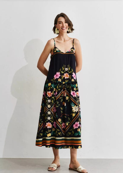 Vestido preto estampado cintura baixa