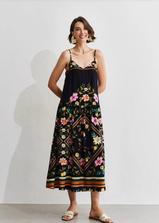 Vestido preto estampado cintura baixa