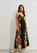 Vestido preto estampado com renda no decote