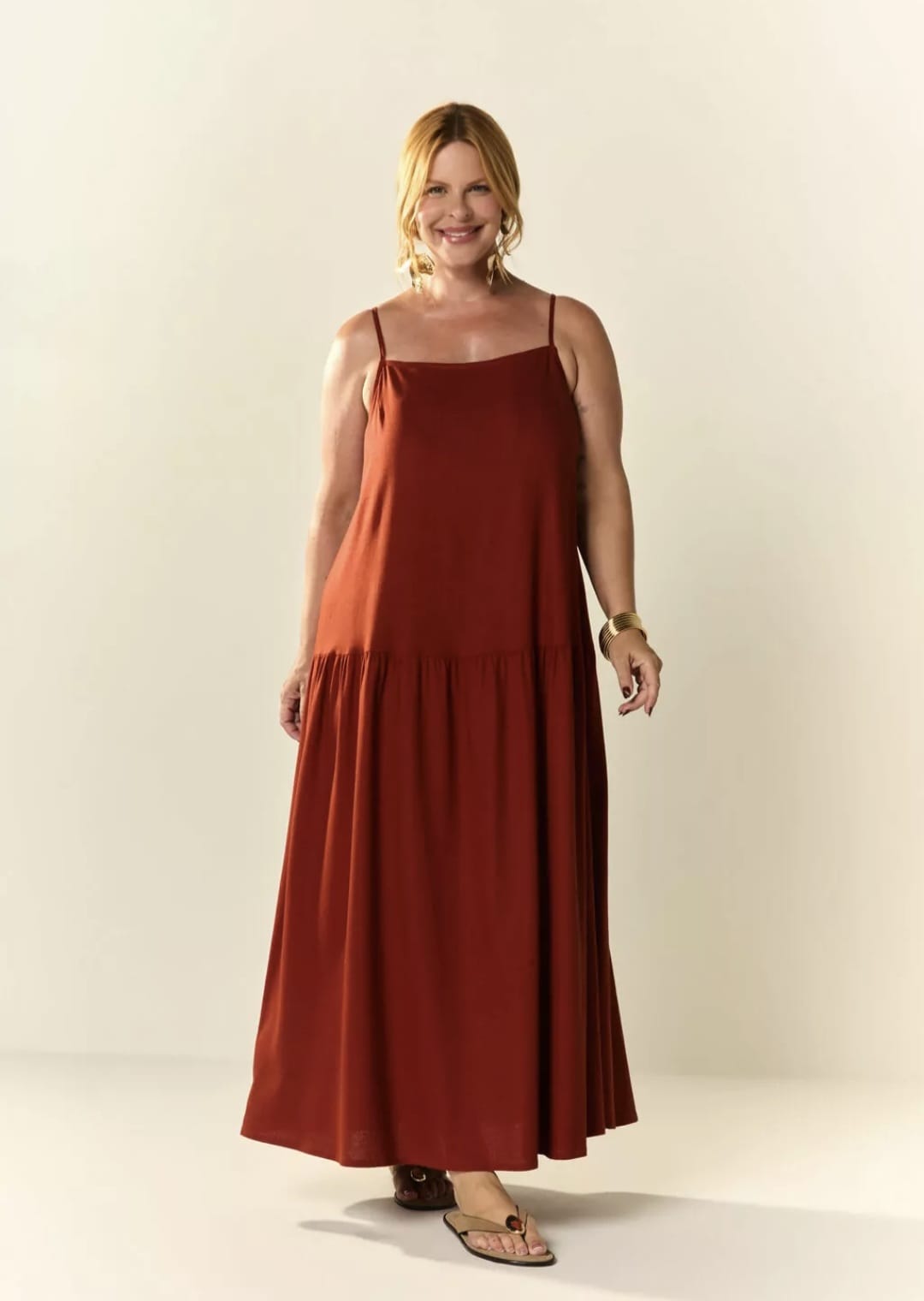 Vestido linho cintura baixa terracota- 44