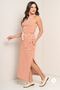 Vestido malha laranja listrada com branco