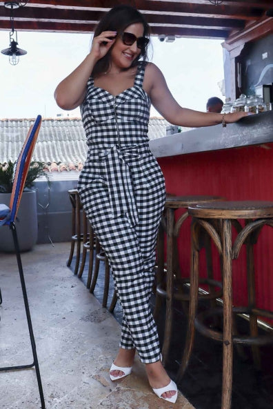 Conjunto de calça e cropped xadrez em alfaiataria - M