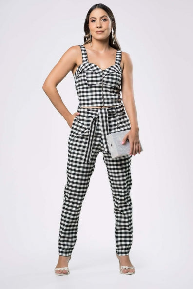 Conjunto de calça e cropped xadrez em alfaiataria - M