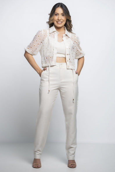 Conjunto de calça, regata e colete rendado off white - G