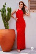 Vestido longo em renda vermelho todo forrado e com aberturas laterais - G