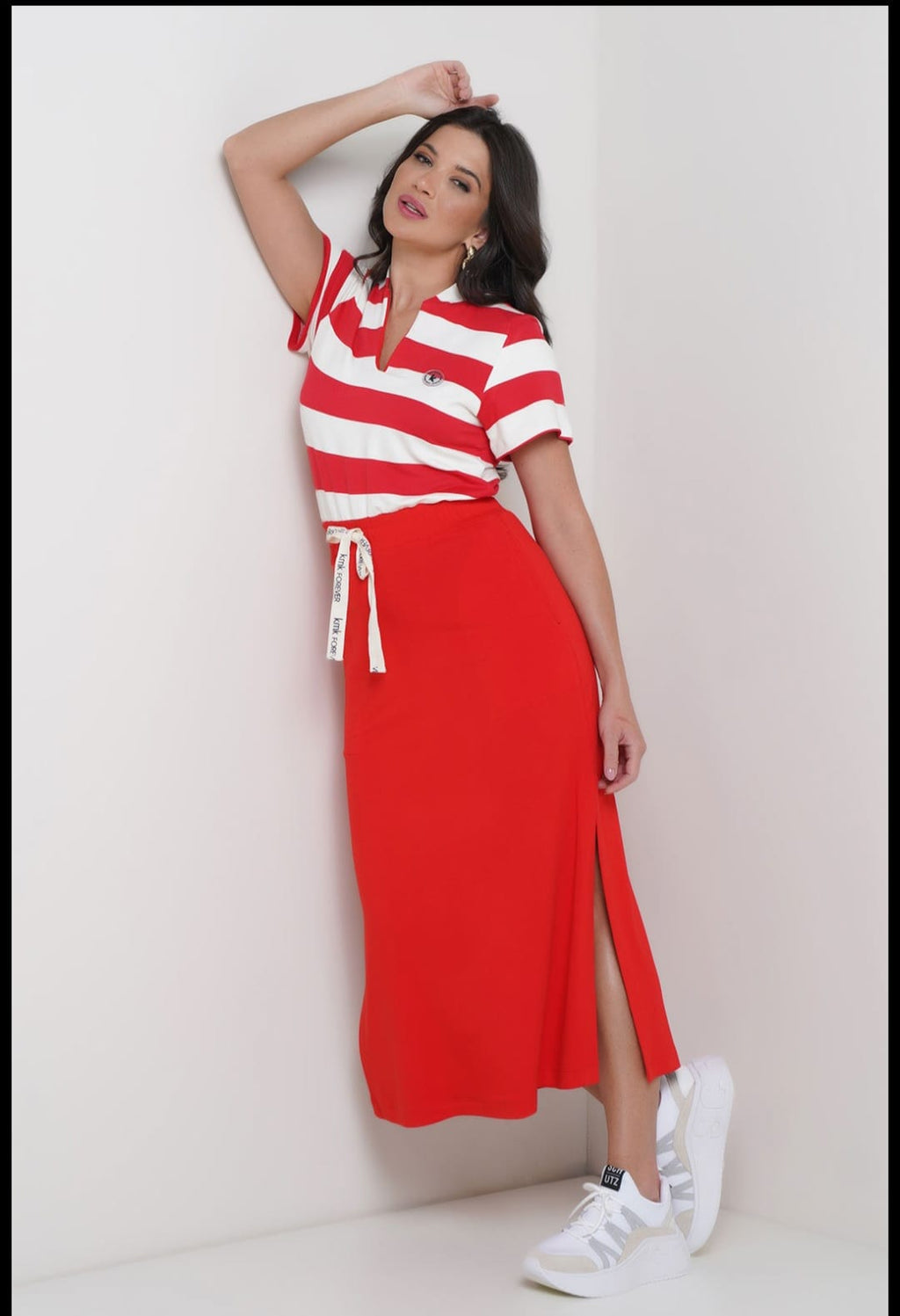 Vestido midi em malha vermelho e branco - G