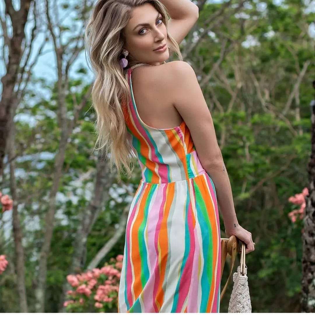 Vestido midi em viscose listrada multicolorido - M