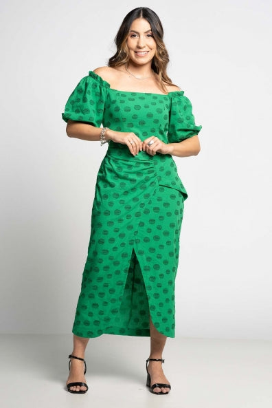 Vestido verde ombro a ombro