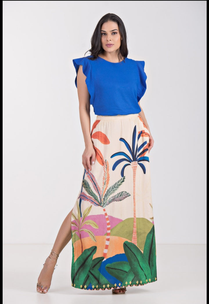 Conjunto de saia estampada e blusa azul - P