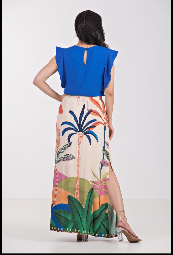 Conjunto de saia estampada e blusa azul - P