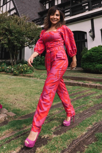 Macacão em linho vermelho e rosa - P