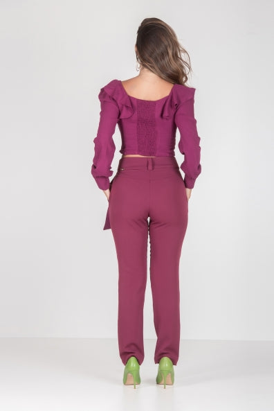 Calça e cropped em alfaiataria vinho - P