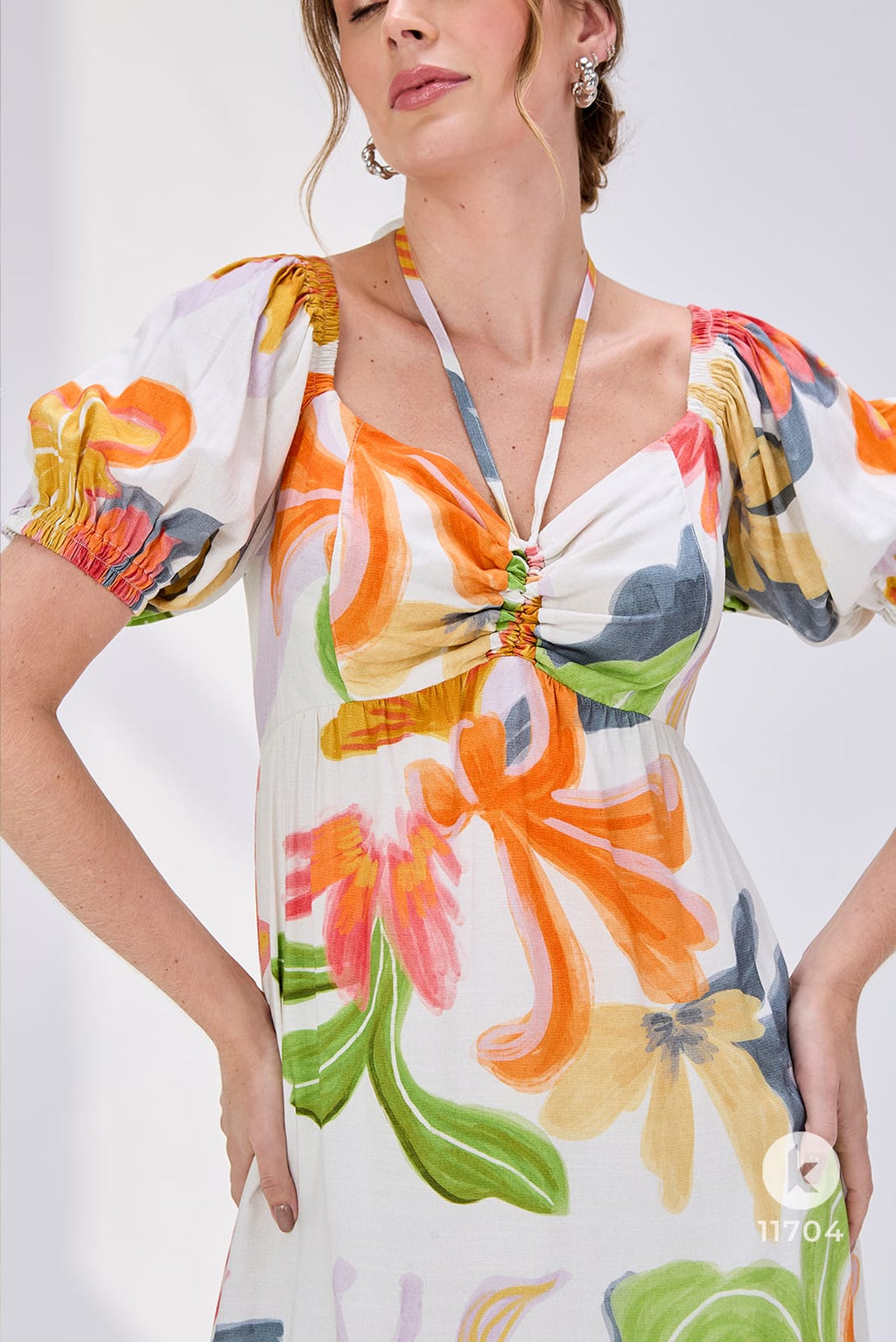 Vestido estampado com mangas com elástico