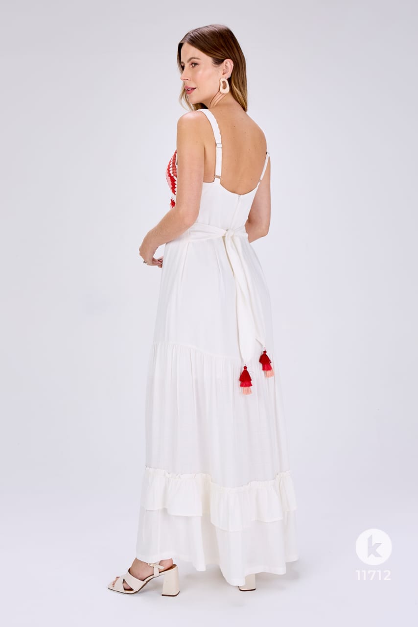 Vestido nude com crochê vermelho - P