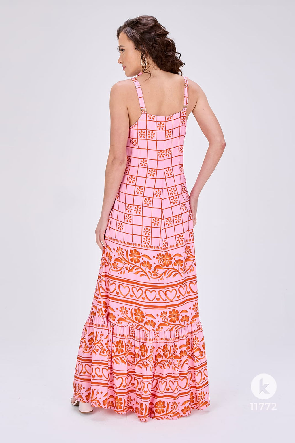 Vestido estampado de rosa e ferrugem em viscose